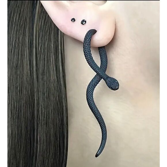 NWT Black Stainless Steel 3D Textured Snake Ear Jacket Dangle Stud Earrings - Picture 1 of 5